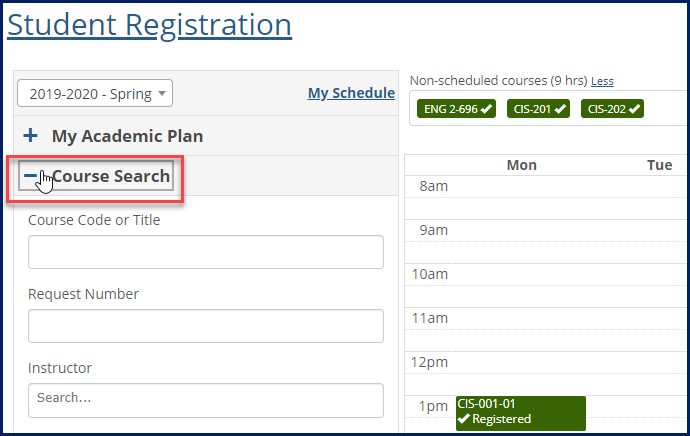 Left panel of My Schedule page showing the Course Search option