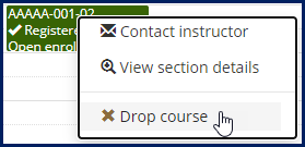 A section tile on the planning calendar showing 'Drop course' as one of the drop-down options