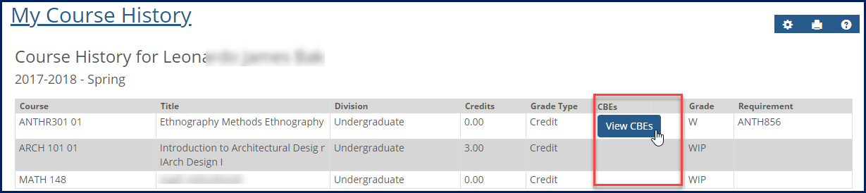 My Course History feature showing the CBE column