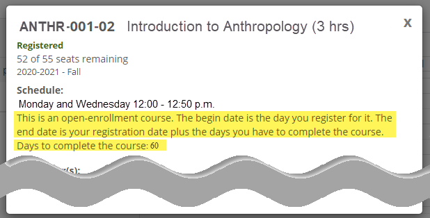 Section details for an open enrollment course showing number of days the student has to complete it