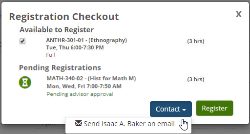 Registration Checkout pop-up showing the 'Contact' drop-down expanded and the 'Send email to instructor' option