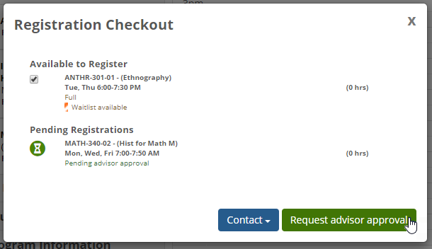 Registration Checkout pop-up showing the 'Request advisor approval' button