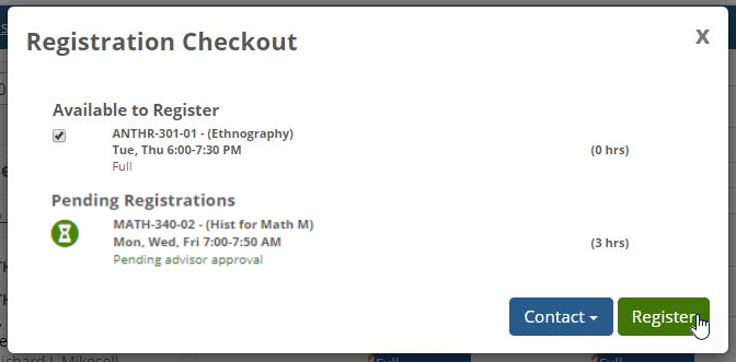 Registration Checkout pop-up showing the 'Register' button