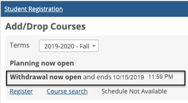 Student Registration feature showing the withdrawal period open